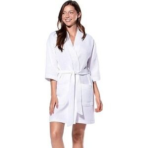 Turquaz White Waffle Knit Spa Robe Womens Size S-M Short Kimono Tie Waist NEW